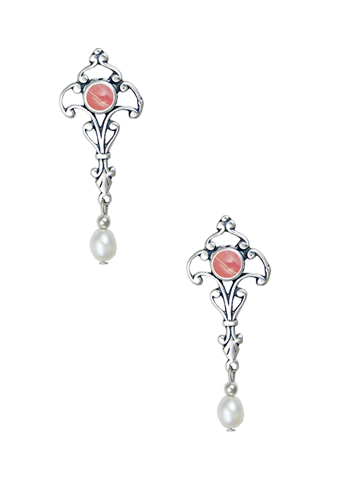 Sterling Silver Romantic Victorian Drop Dangle Earrings With Rhodocrosite